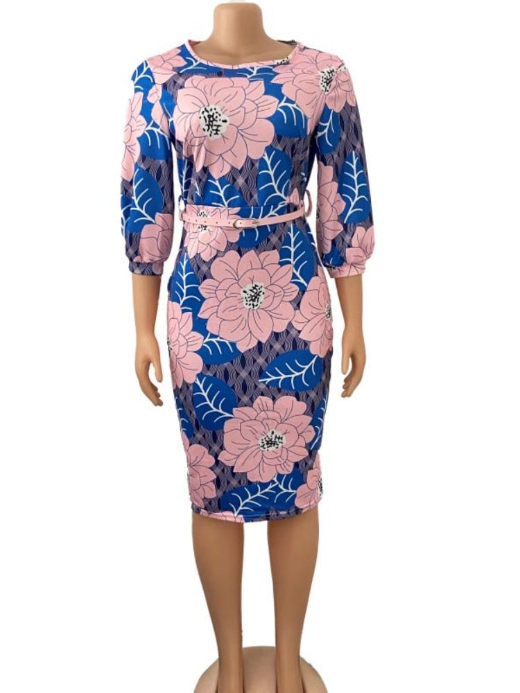 Women Bodycon Printed Dress Three Quarter Sleeves Midi Office Ladies Work Wear Elegant Classy Vestidos African Female Big Size