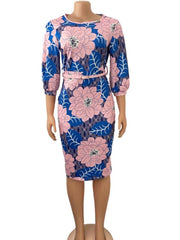 Women Bodycon Printed Dress Three Quarter Sleeves Midi Office Ladies Work Wear Elegant Classy Vestidos African Female Big Size