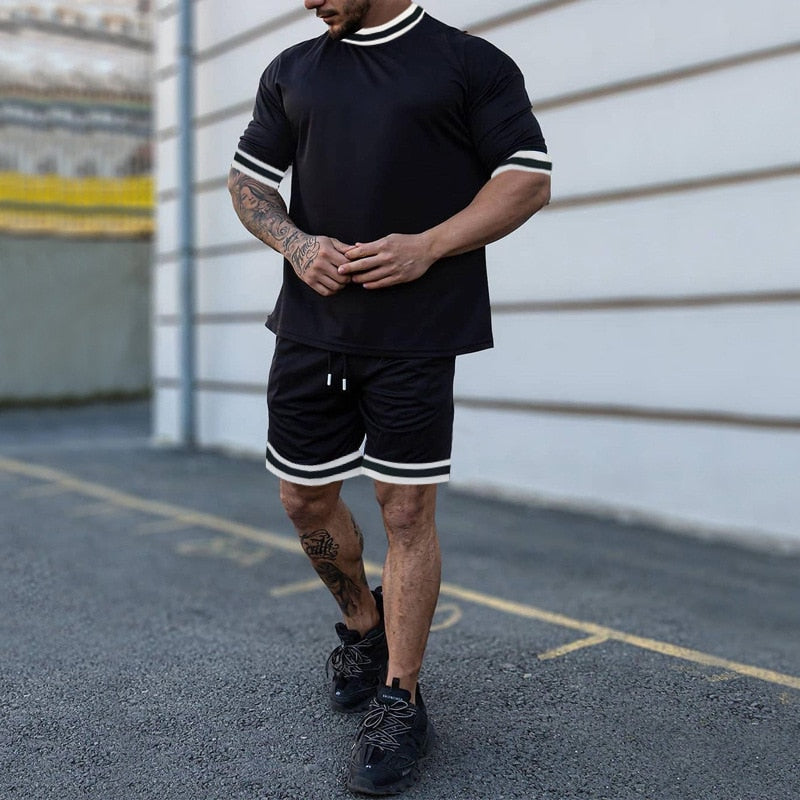 Summer Men&#39;s New Solid Color Round Neck Top Shorts Suit Male Fashion Sports T-shirt Casual Set