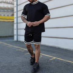 Summer Men's New Solid Color Round Neck Top Shorts Suit Male Fashion Sports T-shirt Casual Set