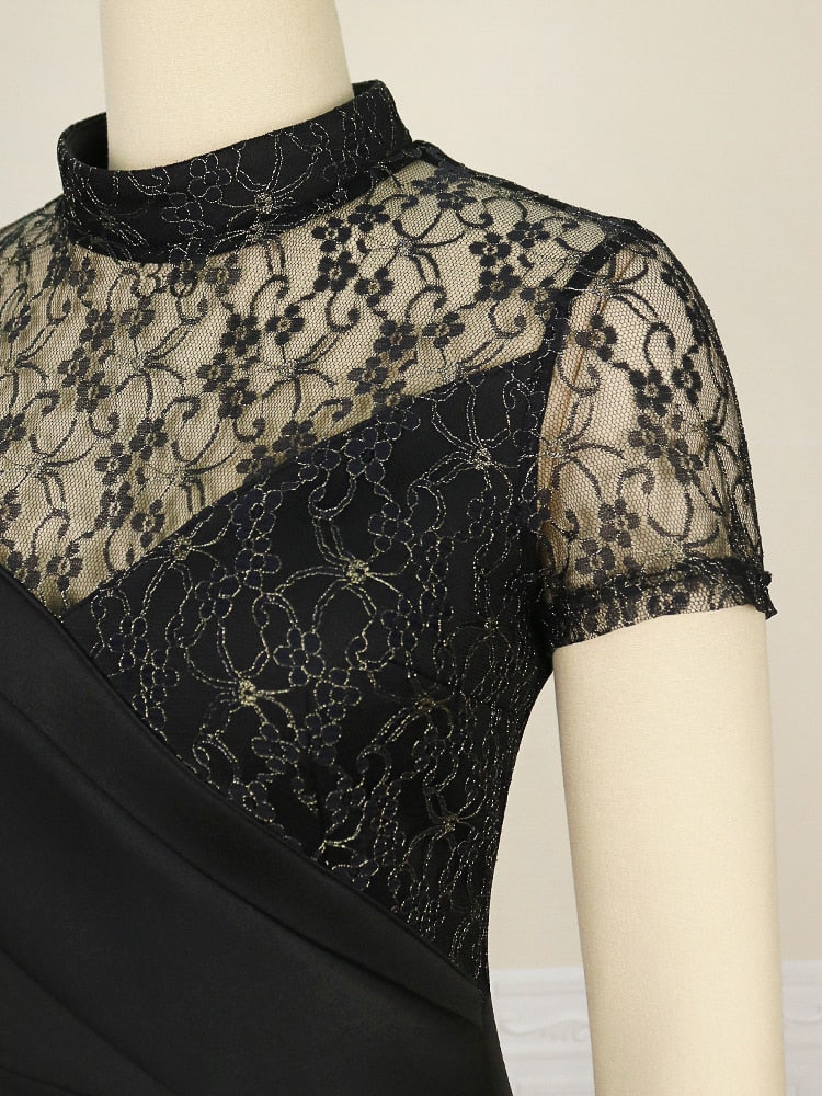 Women Dresses Lace Patchwork Elegant Party Sheer Sleeves Slim See Through Classy Retro Summer Large Size Lady Homecoming Gowns