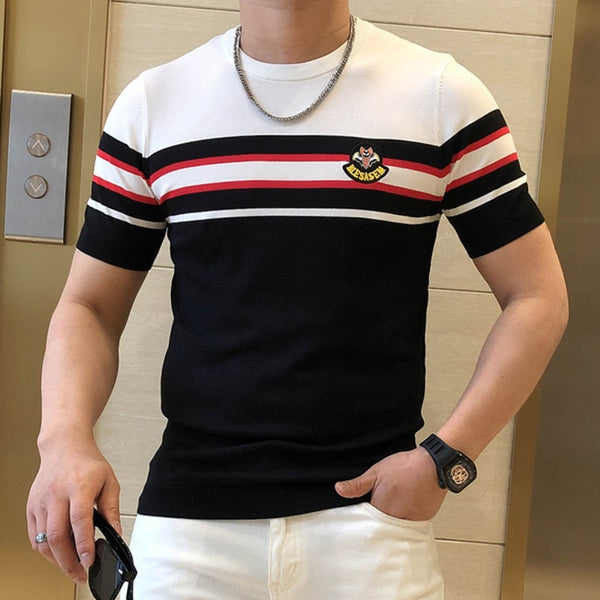 Summer Patchwork Color Slim Fit Knitted T Shirt Men O-Neck Stretched Tee Shirt Homme 2022 Streetwear Fashion Men Casual T-Shirt