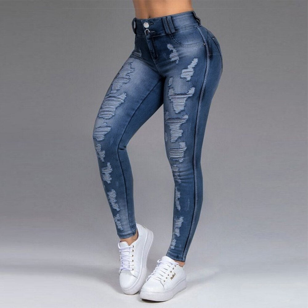 Plus Size Women Skinny Jeans Ripped Causal Denim Pants Light Washed High Waist Tight Ladies Jeans Causal Hole Female Trousers