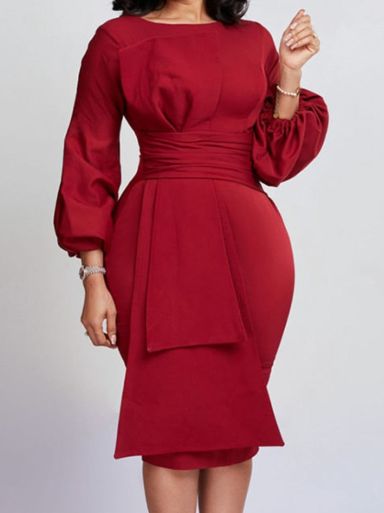 Women Dress Bodycon Elegant Slim Office Ladies Long Sleeves O Neck High Waist Package Hip Classy Female African Work Wear Robes