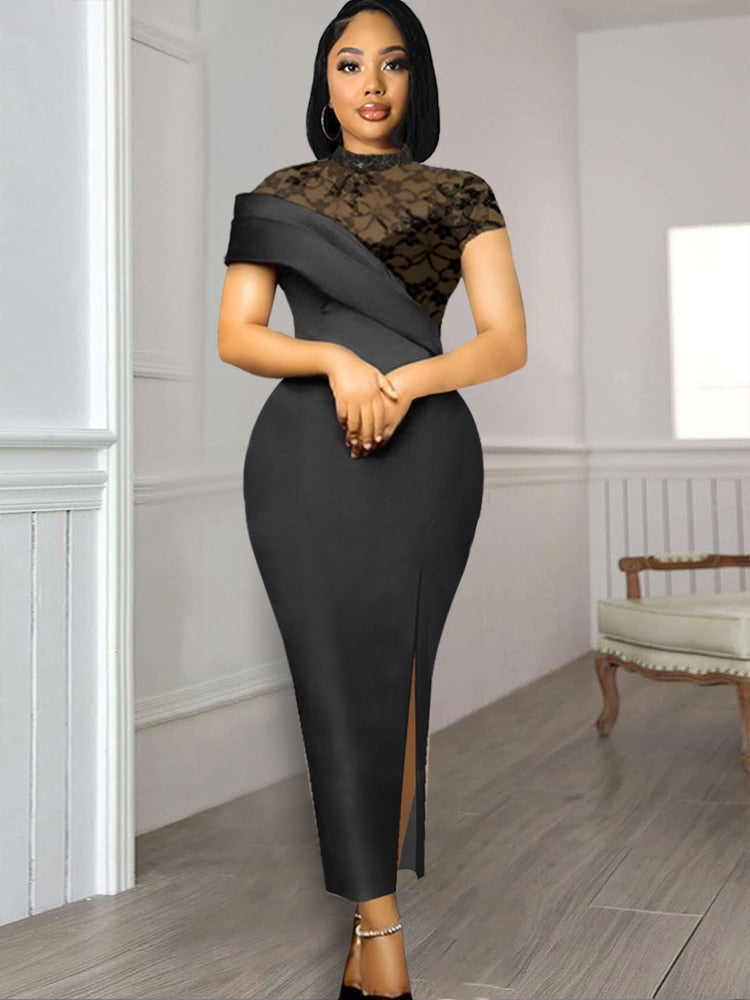 Women Dresses Lace Patchwork Elegant Party Sheer Sleeves Slim See Through Classy Retro Summer Large Size Lady Homecoming Gowns