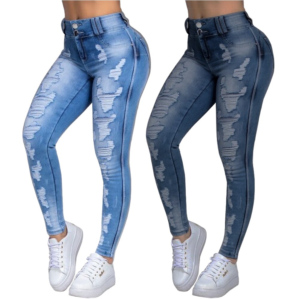 Plus Size Women Skinny Jeans Ripped Causal Denim Pants Light Washed High Waist Tight Ladies Jeans Causal Hole Female Trousers