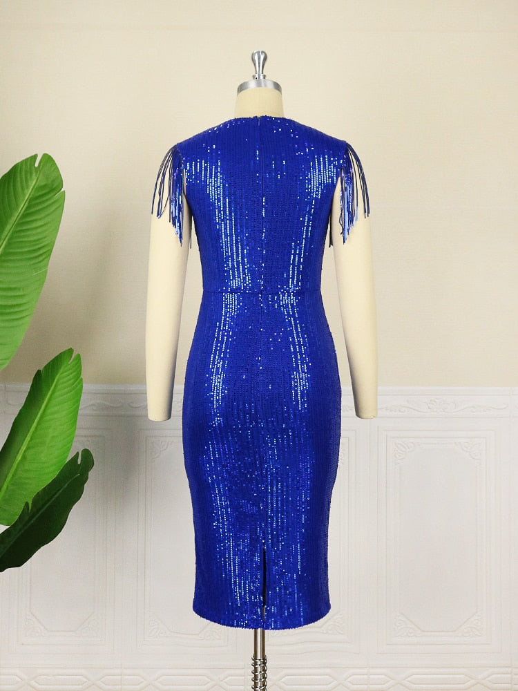Summer Sequin Dress Big Size Elegant Women Shiny Fringe Mesh Contrast Knee Length Stretch Bodycon Party Evening Event Robes