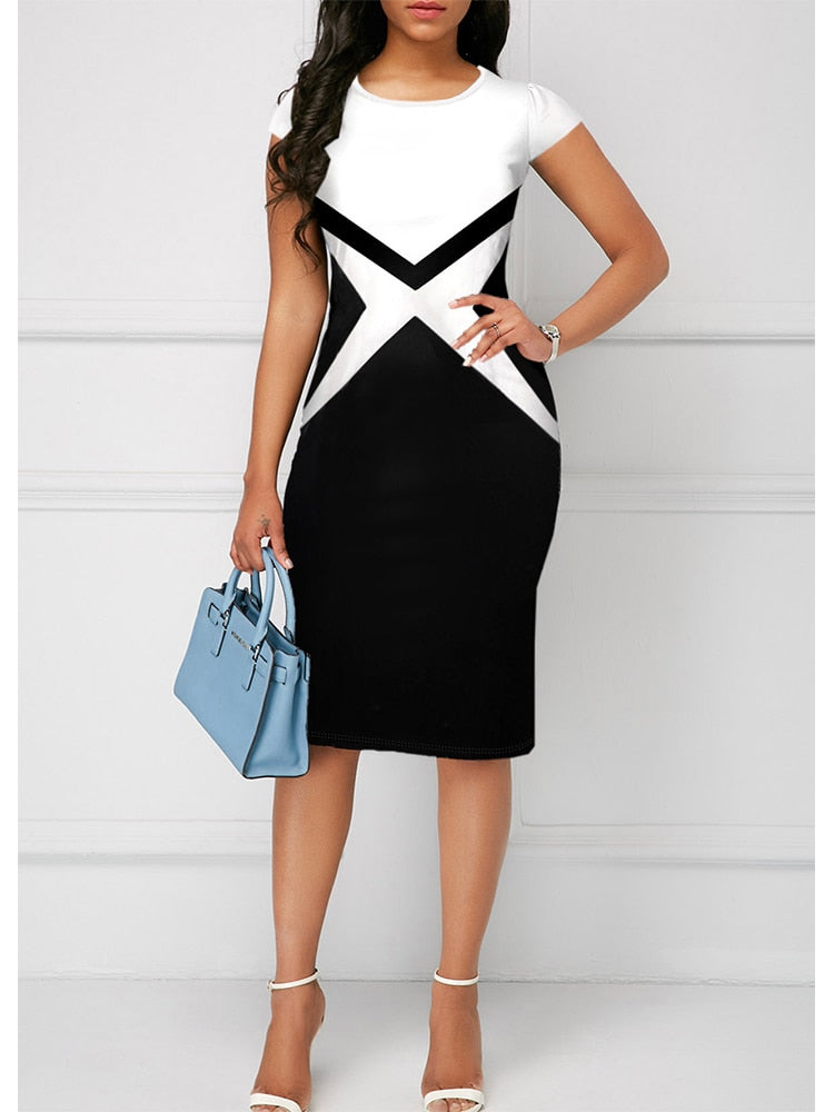 Summer Vintage Black White Patchwork Short Sleeve Bodycon Dresses For Women 2022 Elegant Pencil Sexy Slim Midi Party Dress Robe