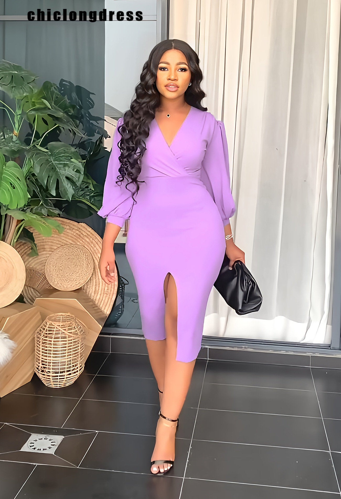 Spring Summer V-neck Slim Slit Dress Women Fashion Office Lady Solid Long Lantern Sleeve Slim Dress Women