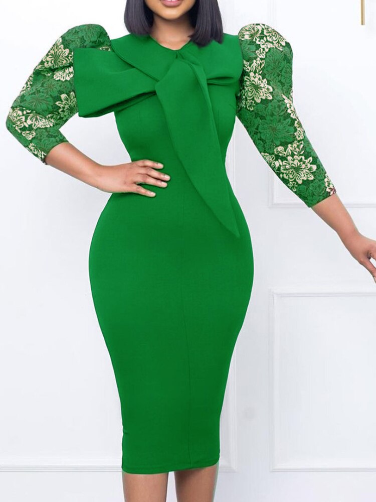 Women Elegant Dress Printed Sleeves with Big Bow Collar High Waist Classy Modest Office Lady African Gowns Package Hip Vestidos