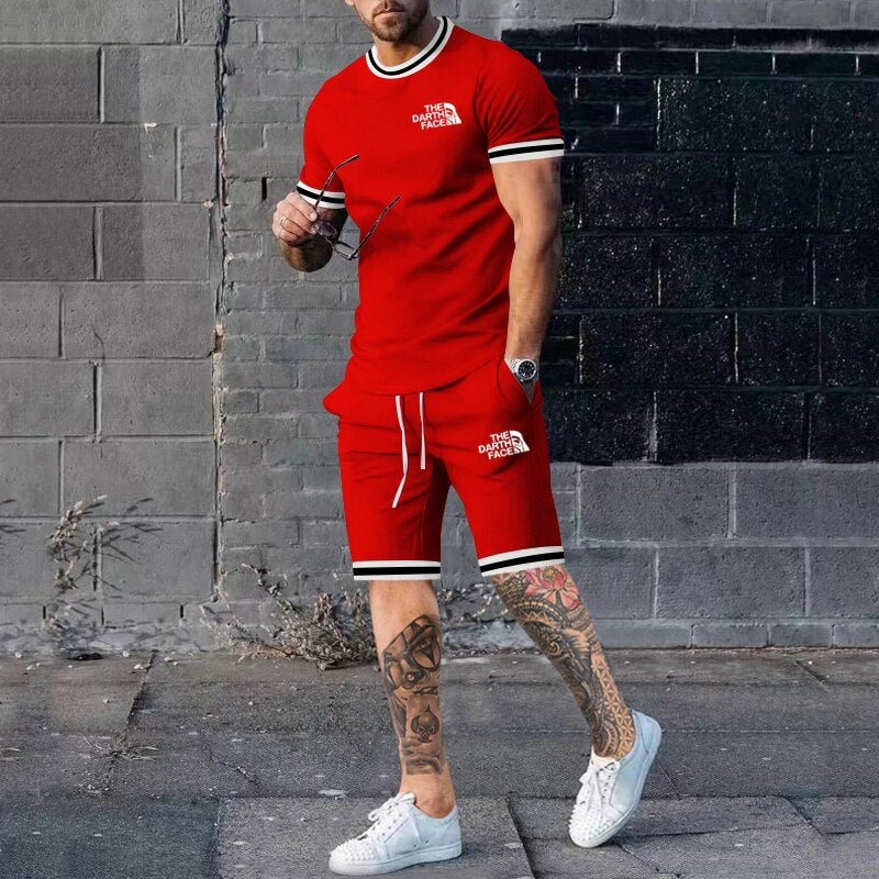 Summer Men&#39;s New Solid Color Round Neck Top Shorts Suit Male Fashion Sports T-shirt Casual Set