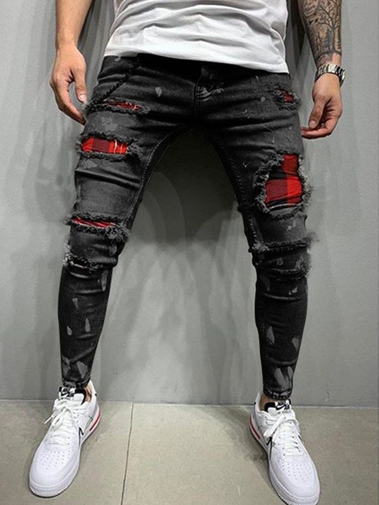 Fashion Men Jeans Knee Hole Ripped Stretch Skinny Denim Pants Solid Color Autumn Summer Hip-Hop Style Slim Fit Trousers