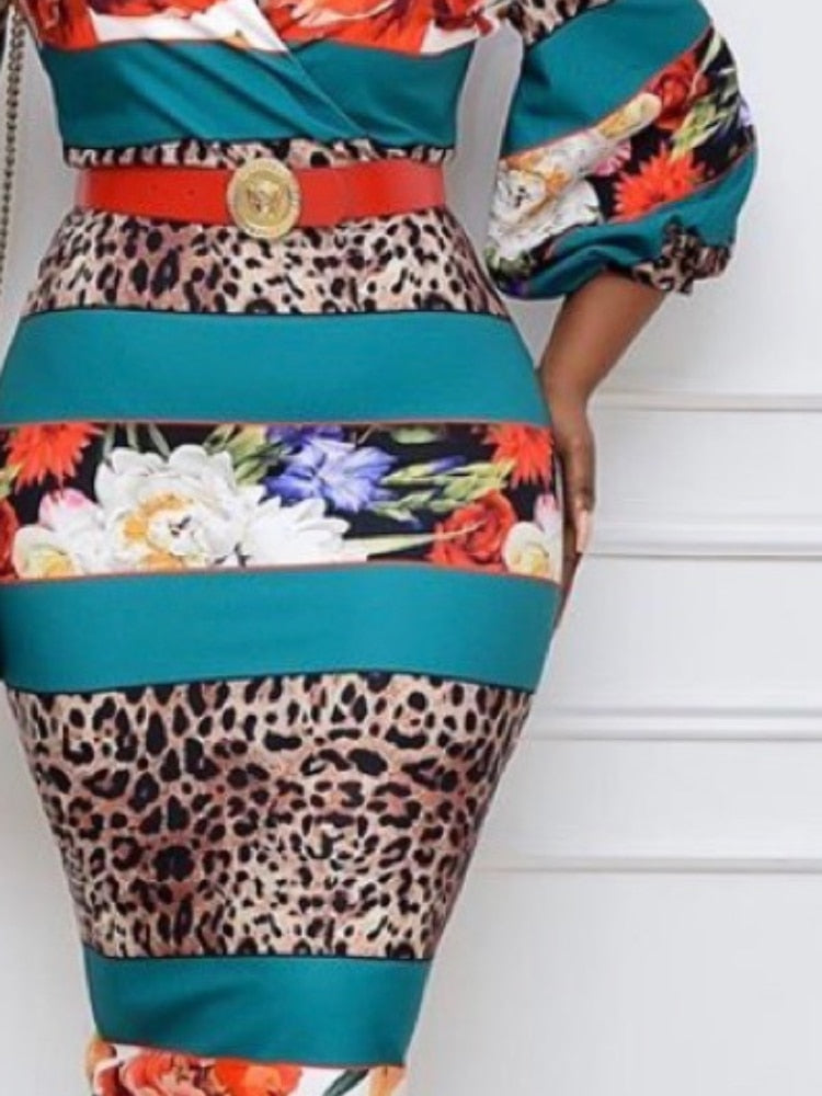 Women Printed Bodycon Dress V Neck Leopard Patchwork Lantern Sleeves Elegant Classy Office Ladies Work Wear Female African Retro