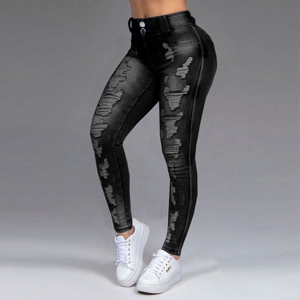 Plus Size Women Skinny Jeans Ripped Causal Denim Pants Light Washed High Waist Tight Ladies Jeans Causal Hole Female Trousers