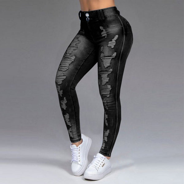 Plus Size Women Skinny Jeans Ripped Causal Denim Pants Light Washed High Waist Tight Ladies Jeans Causal Hole Female Trousers