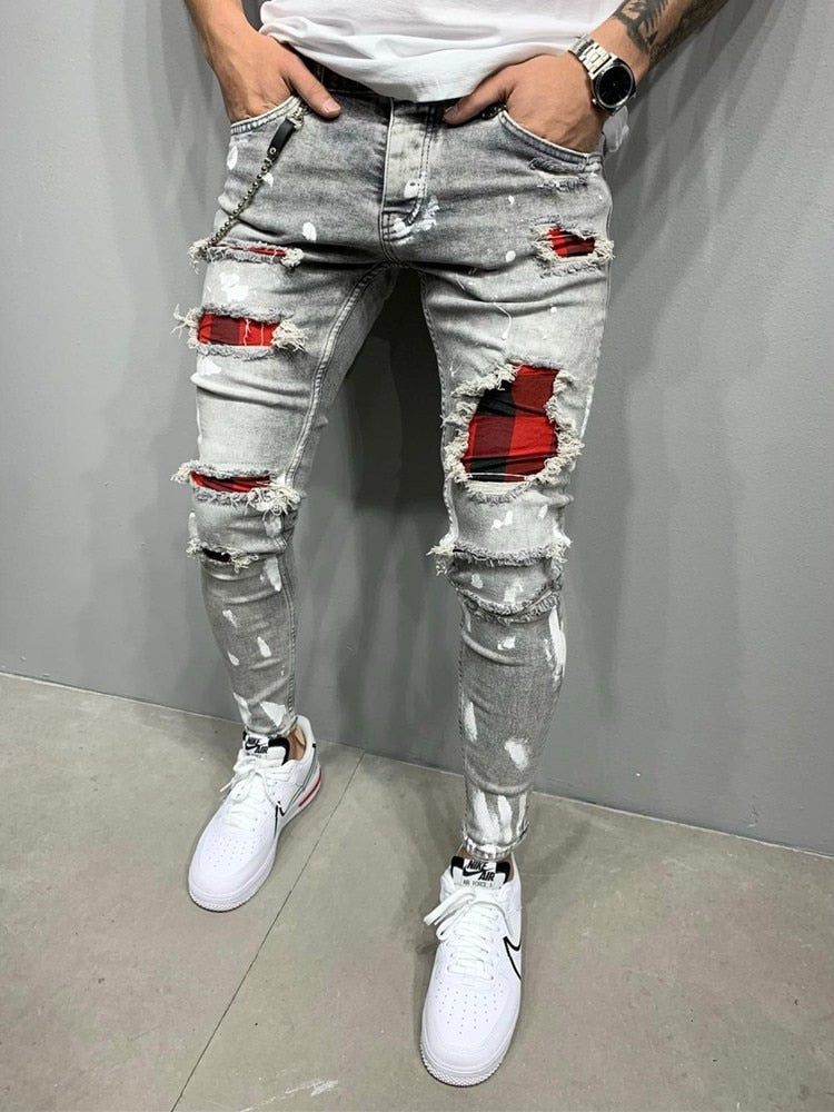 Fashion Men Jeans Knee Hole Ripped Stretch Skinny Denim Pants Solid Color Autumn Summer Hip-Hop Style Slim Fit Trousers