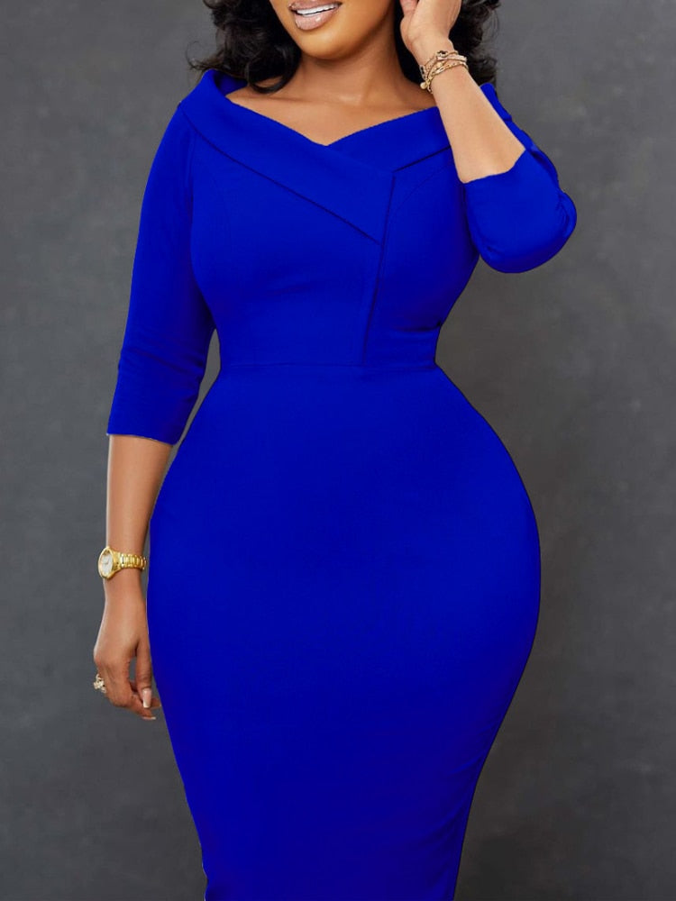 Women White Bodycon Dress Classy Three Quater Sleeves V Neck Sheath Elegant Office Ladies Autumn Fall Fashion Female Large Size