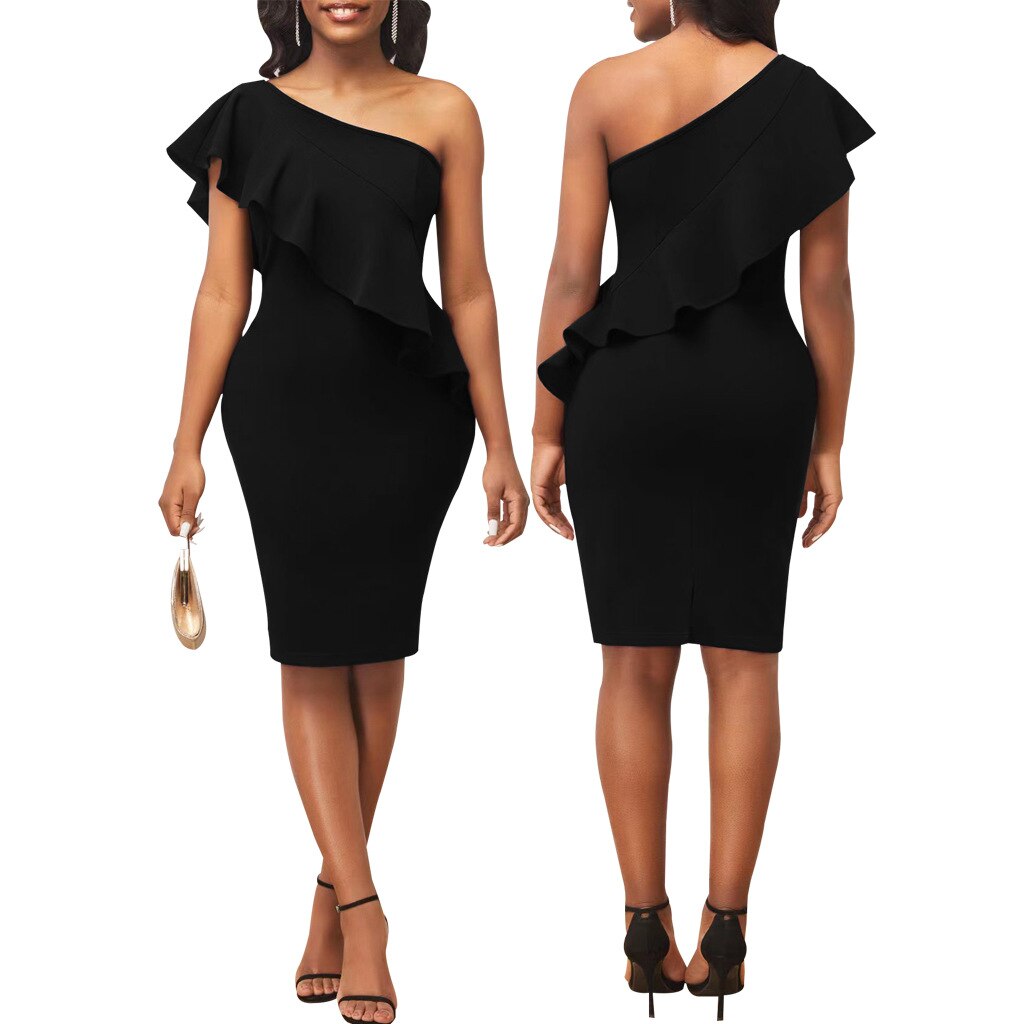Sexy Ruffle Dress Women 2023 New Fashion Trendy Midi Robes Sleeveless Irregular One Shoulder Bodycon Gown Evening Event Birthday