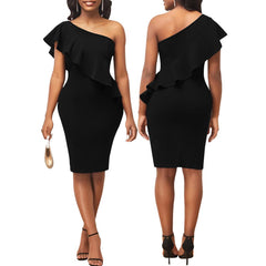 Sexy Ruffle Dress Women 2023 New Fashion Trendy Midi Robes Sleeveless Irregular One Shoulder Bodycon Gown Evening Event Birthday