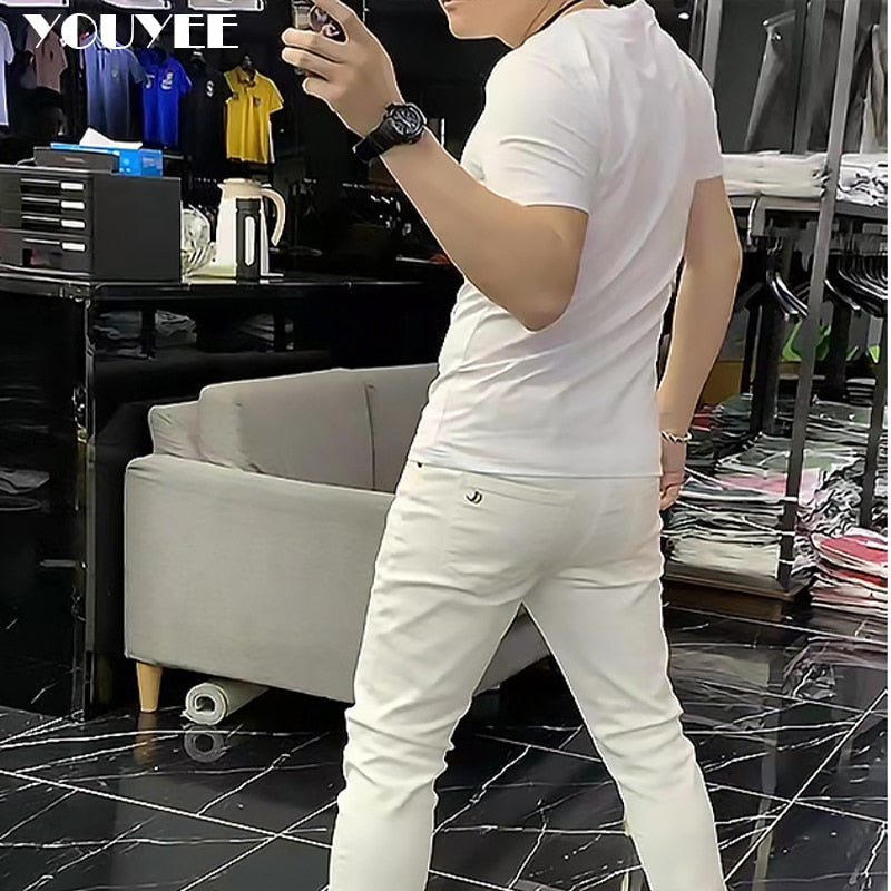 T-shirt Men&#39;s 2022 New Summer Short Sleeve Letter Crown Sequin Embroidery O-Neck Slim Red Top Luxurious Trend Party Man Clothing