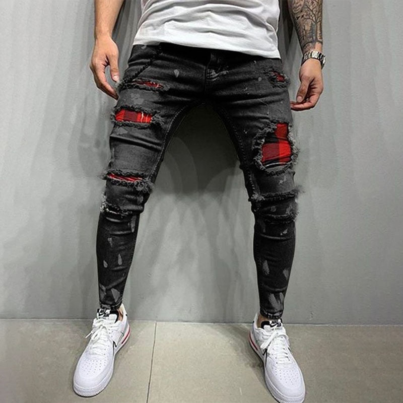 Fashion Men Jeans Knee Hole Ripped Stretch Skinny Denim Pants Solid Color Autumn Summer Hip-Hop Style Slim Fit Trousers
