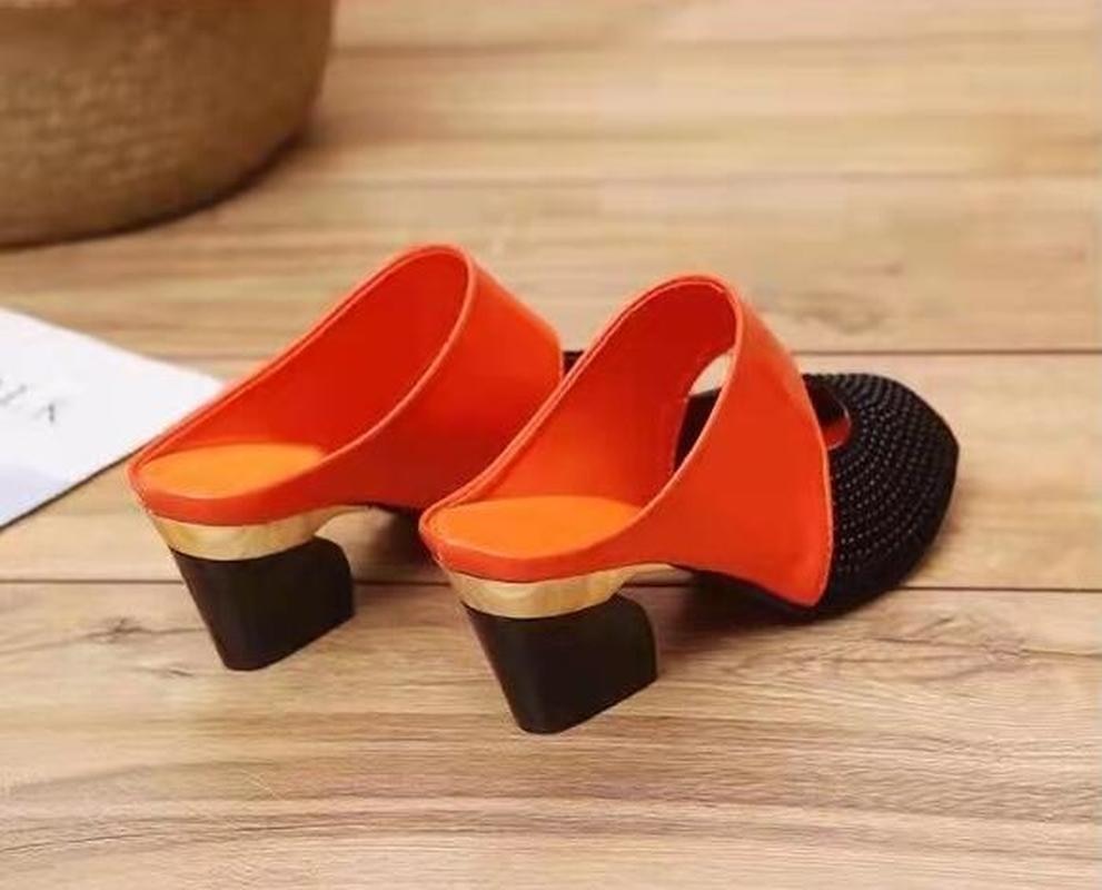Women Sandals Square Heel 2022 Summer Shoes Woman Fashion Slides Cut-out Open Toe Slip On Mothers Sandal Female Bling Slippers