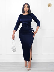 Women Long Dress Shiny O Neck Bodycon Sheath Evening Party Elegant Button Up African Female Package Hip Occasion Robes Gowns New