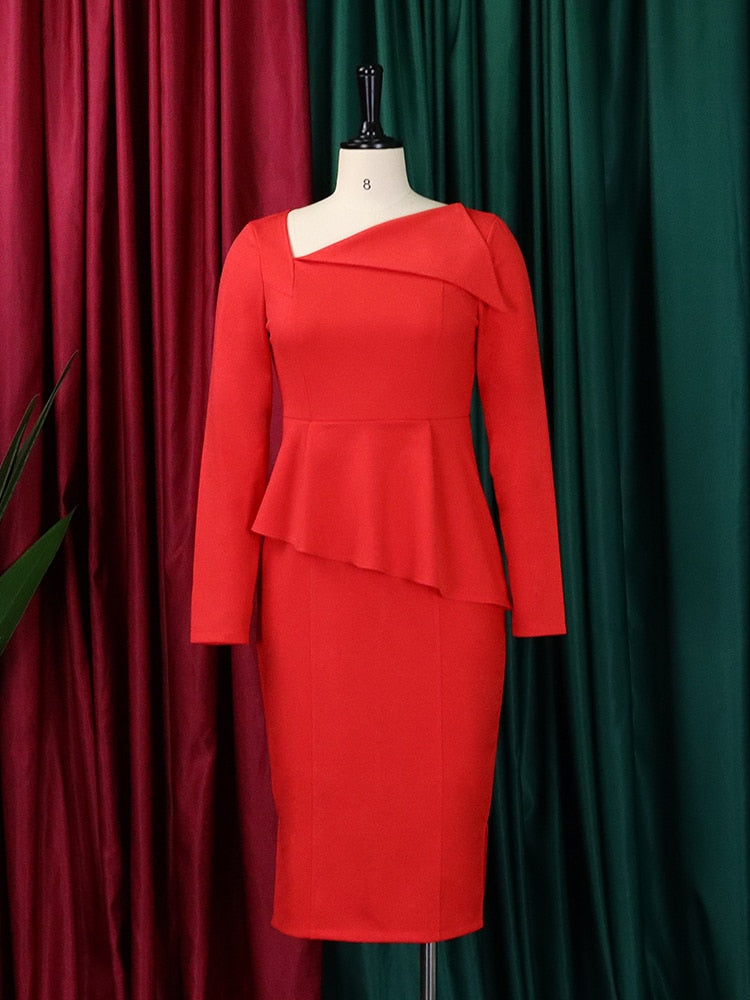 Women Elegant Dress Long Sleeves Peplum Diagonal Collar Long Sleeves Office Ladies Classy Modest Female African Large Size Gowns