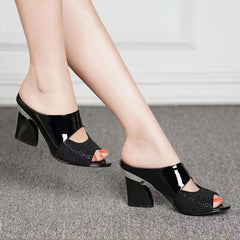 Women Sandals Square Heel 2022 Summer Shoes Woman Fashion Slides Cut-out Open Toe Slip On Mothers Sandal Female Bling Slippers