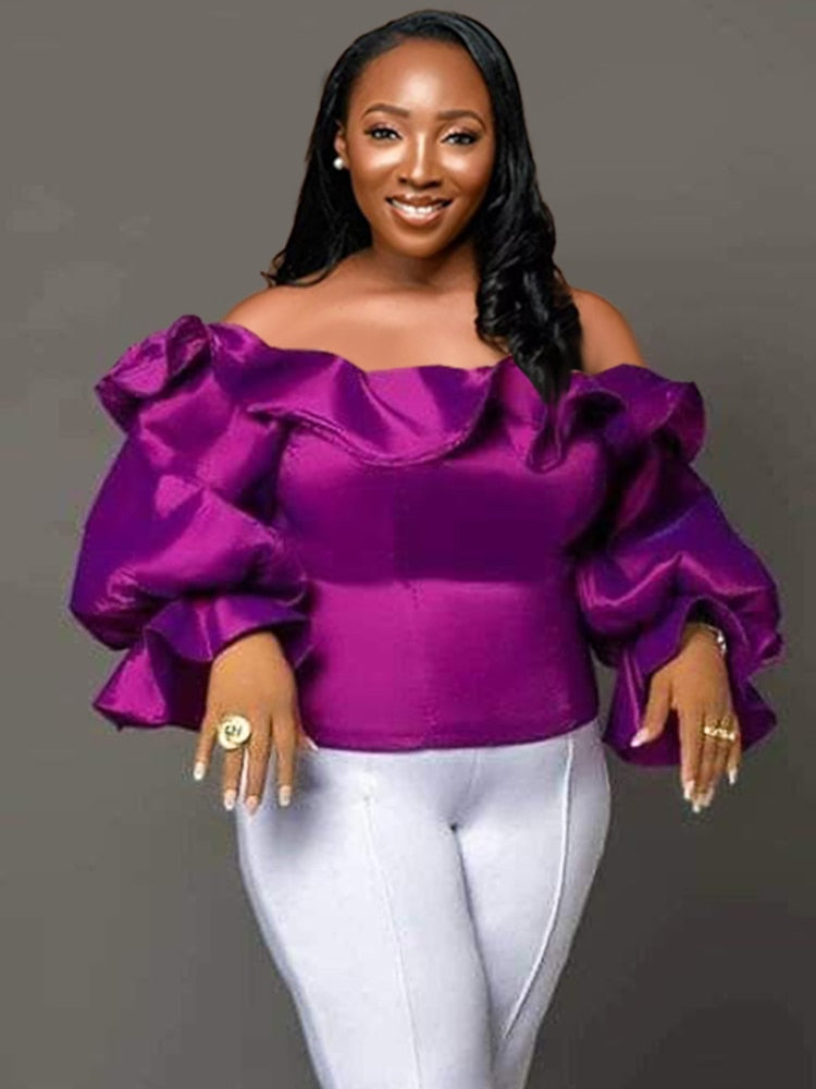 Women Blouse Shiny Off Shoulder Ruffle Sexy Party Shirt Tops Purple Birthday Large Size 2022 Fashion Female African Summer Bluas