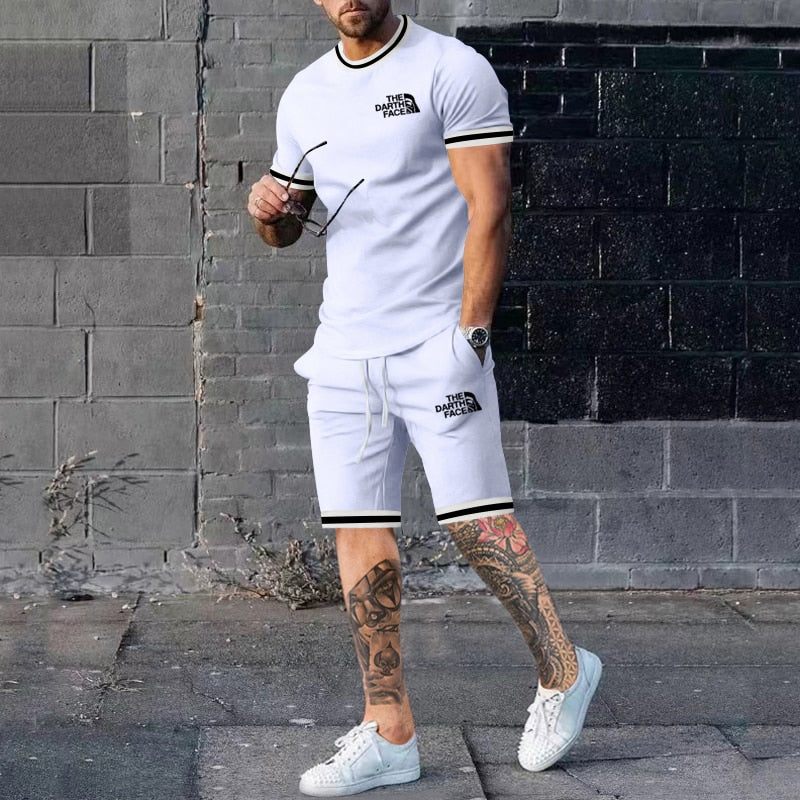 Summer Men&#39;s New Solid Color Round Neck Top Shorts Suit Male Fashion Sports T-shirt Casual Set