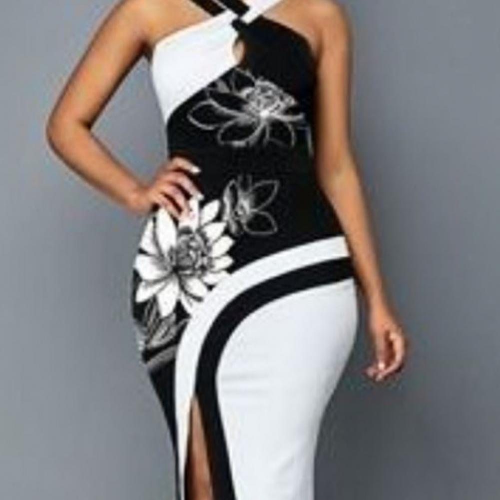 Plus Size Elegant Women Dress Patchwork Flower Print Contrast Color Sexy Summer Sheath Dress for Parties