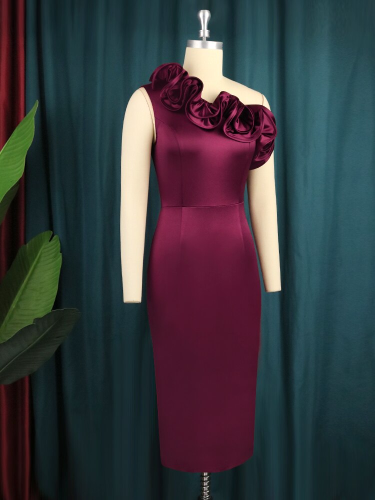 Vintage Women Burgundy Bodycon Dress Elegant Bare Shoulder Ruffled Elastic Satin Silky Dress Formal Party Birthday Evening Wear