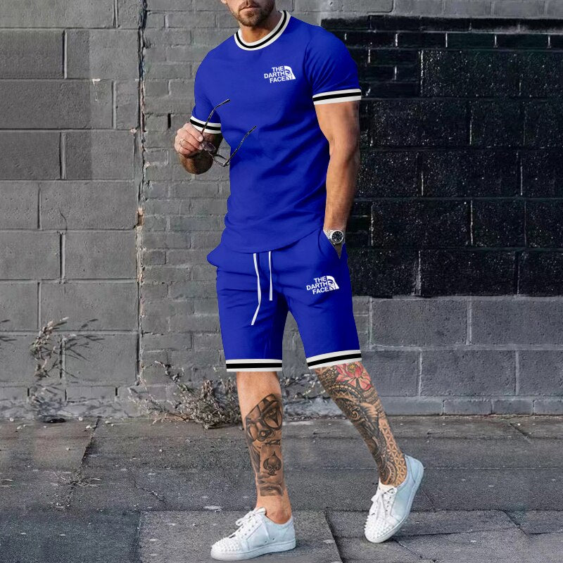 Summer Men&#39;s New Solid Color Round Neck Top Shorts Suit Male Fashion Sports T-shirt Casual Set