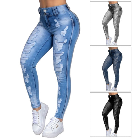 Plus Size Women Skinny Jeans Ripped Causal Denim Pants Light Washed High Waist Tight Ladies Jeans Causal Hole Female Trousers