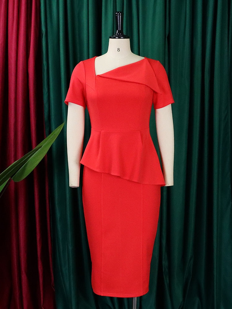 Women Elegant Party Dress Short Sleeves Peplum Skew Collar African Package Hip Female Classy Office Ladies Modest Work Wear New