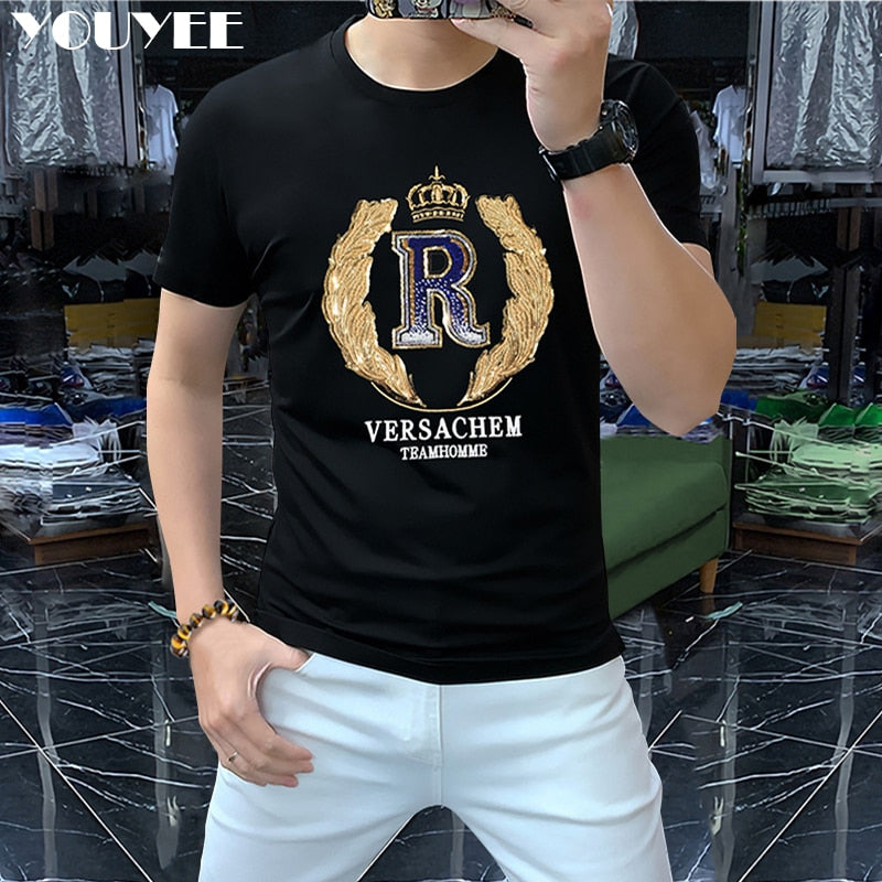 T-shirt Men&#39;s 2022 New Summer Short Sleeve Letter Crown Sequin Embroidery O-Neck Slim Red Top Luxurious Trend Party Man Clothing