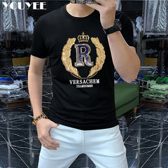T-shirt Men's 2022 New Summer Short Sleeve Letter Crown Sequin Embroidery O-Neck Slim Red Top Luxurious Trend Party Man Clothing