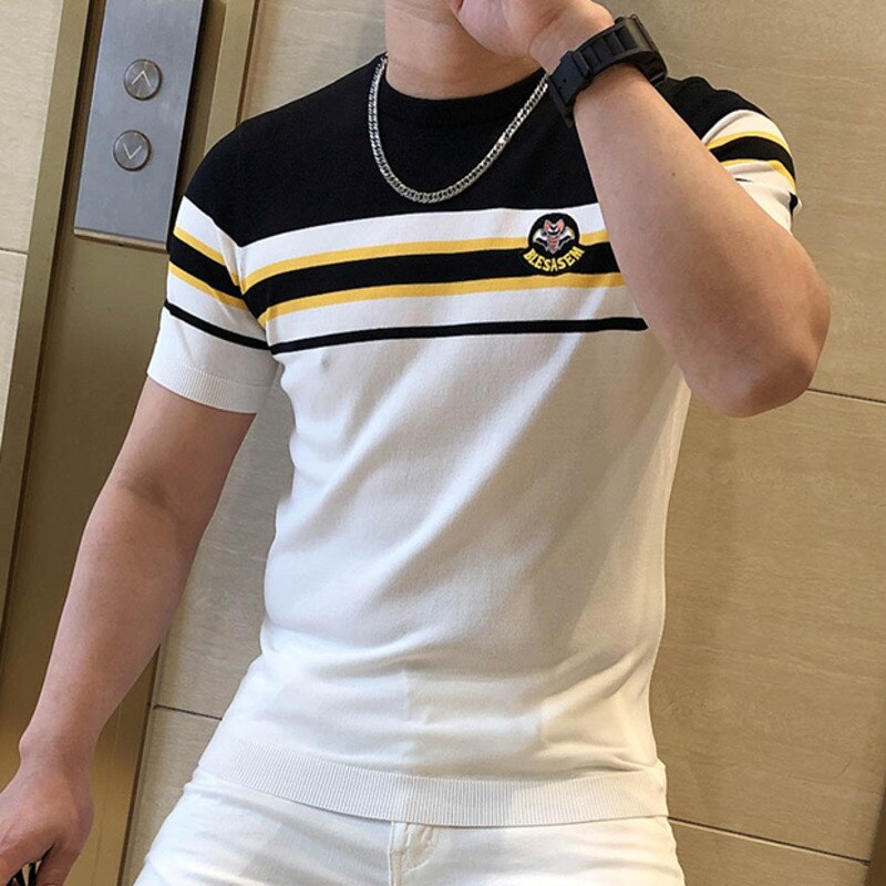 Summer Patchwork Color Slim Fit Knitted T Shirt Men O-Neck Stretched Tee Shirt Homme 2022 Streetwear Fashion Men Casual T-Shirt