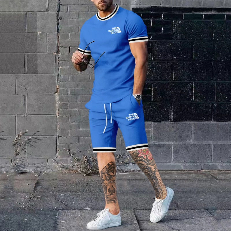 Summer Men&#39;s New Solid Color Round Neck Top Shorts Suit Male Fashion Sports T-shirt Casual Set