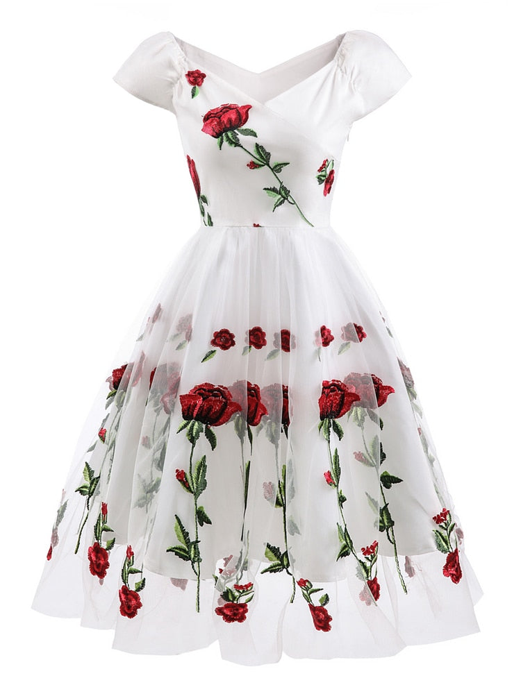 Tonval Rose Floral Embroidered V-Neck Elegant Party Dress Pleated Mesh Overlay Women Short Sleeve Vintage Summer Dresses