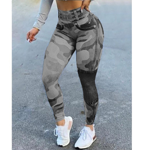 Women's Pants 2022 Autumn Fashion High Waist Camouflage Slim Pants Button Stitching Casual Skinny Long Leggings