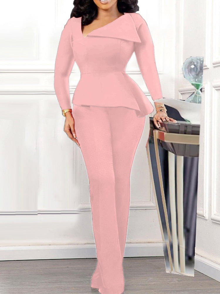 Women Red Jumpsuit Peplum Long Sleeves Slim Asymmetric Collar Office Ladies Classy Elegant Fashion Party One Piece Modest Romper