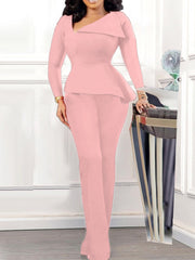 Women Red Jumpsuit Peplum Long Sleeves Slim Asymmetric Collar Office Ladies Classy Elegant Fashion Party One Piece Modest Romper