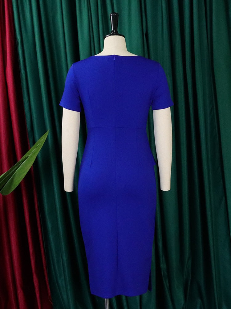 Women Elegant Party Dress Short Sleeves Peplum Skew Collar African Package Hip Female Classy Office Ladies Modest Work Wear New