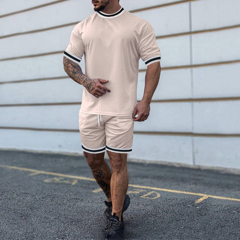 Summer Men&#39;s New Solid Color Round Neck Top Shorts Suit Male Fashion Sports T-shirt Casual Set