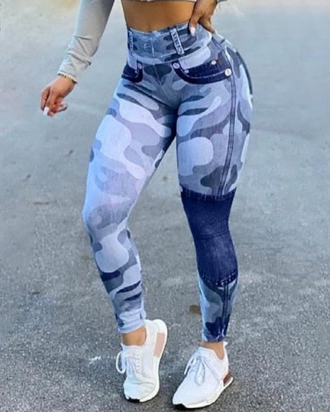 Women&#39;s Pants 2022 Autumn Fashion High Waist Camouflage Slim Pants Button Stitching Casual Skinny Long Leggings
