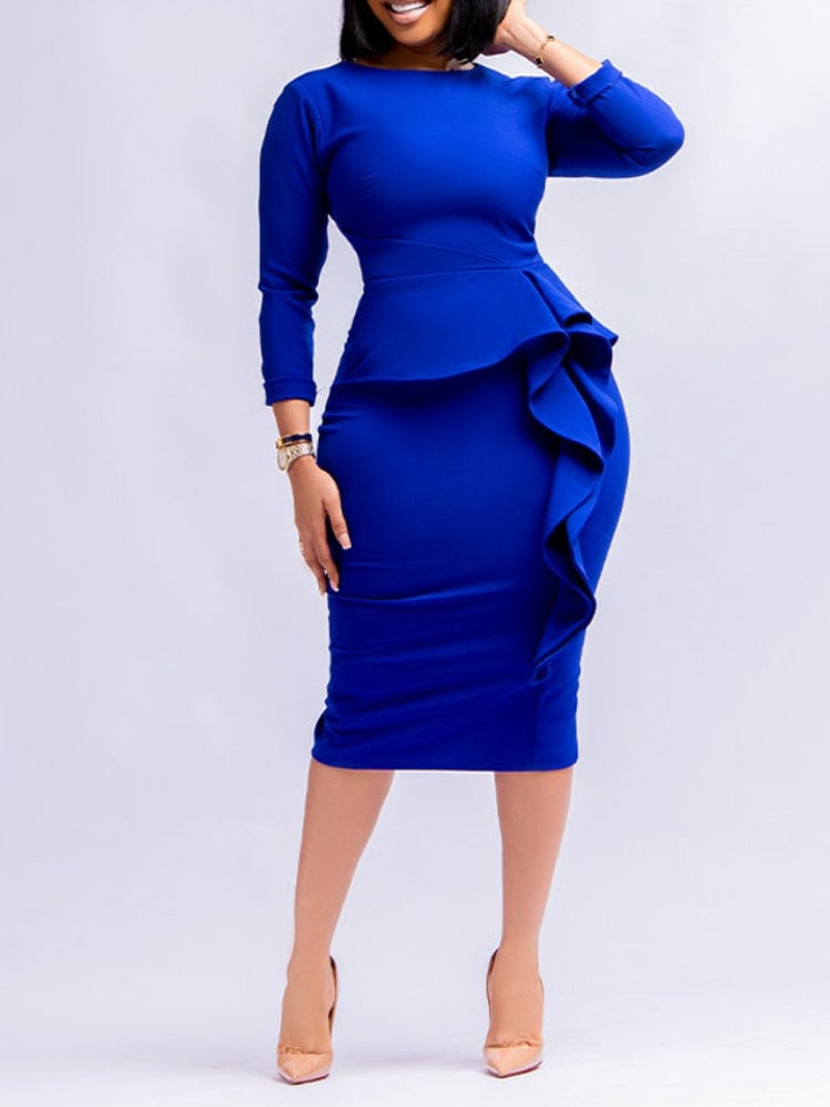 Women Elegant Bodycon Peplum Dresses Ruffles Slim Sheath O Neck Long Sleeves Package Hip Female African Large Size Ladies Gowns