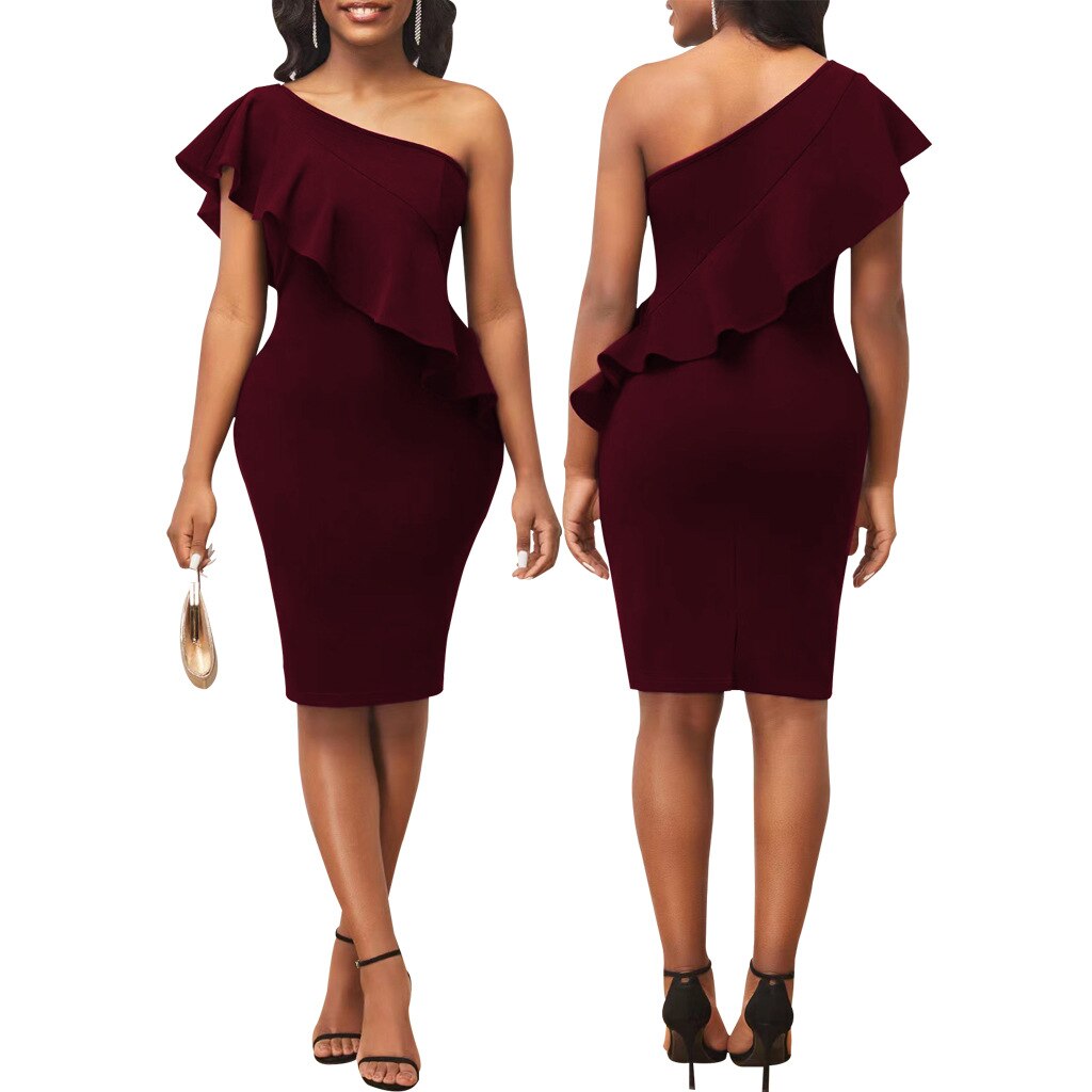 Sexy Ruffle Dress Women 2023 New Fashion Trendy Midi Robes Sleeveless Irregular One Shoulder Bodycon Gown Evening Event Birthday