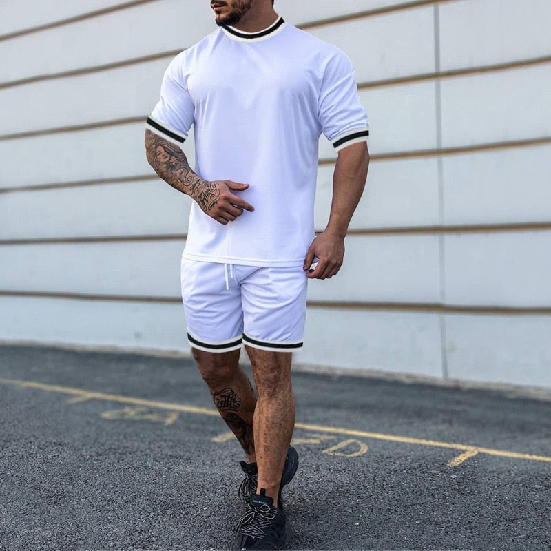 Summer Men&#39;s New Solid Color Round Neck Top Shorts Suit Male Fashion Sports T-shirt Casual Set